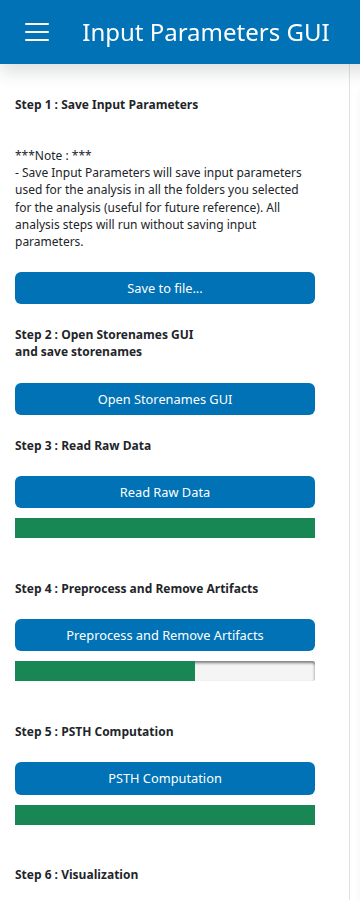 GuPPy homepage sidebar with the Preprocess and Remove Artifacts progress bar partially filled